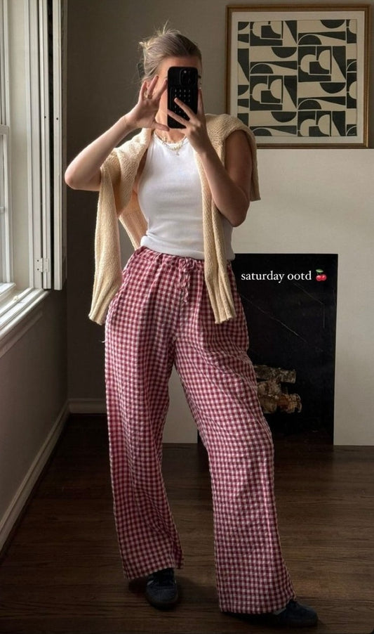 Red gingham wide fit pant