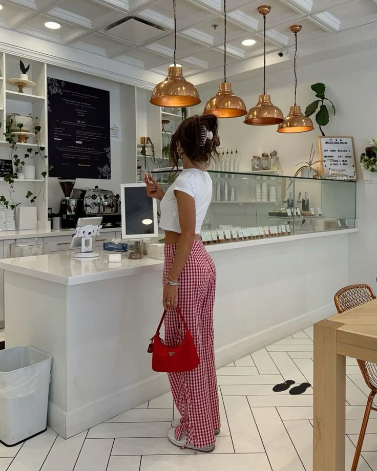 Red gingham wide fit pant