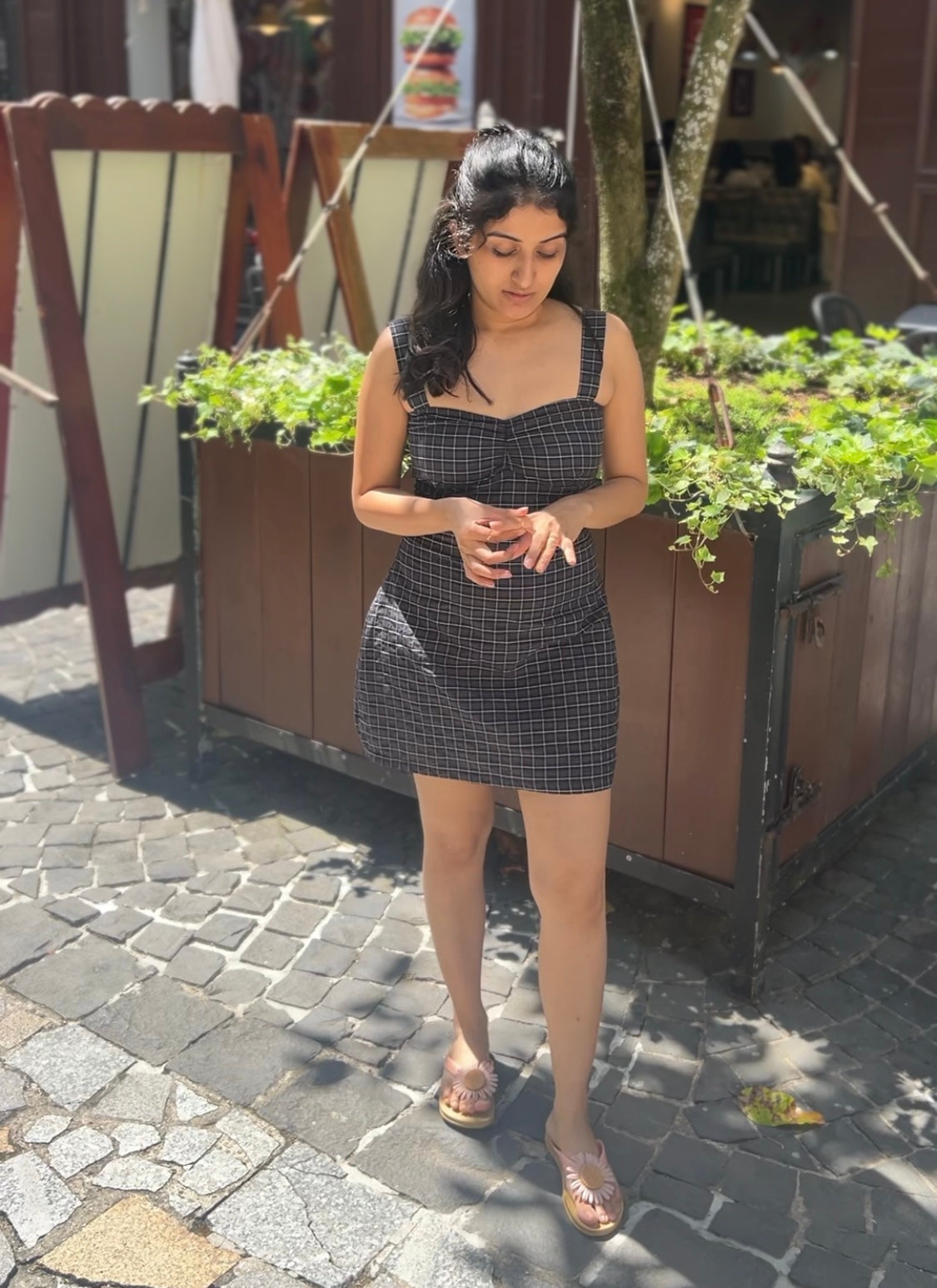 BLACK CHECKERED MINI DRESS